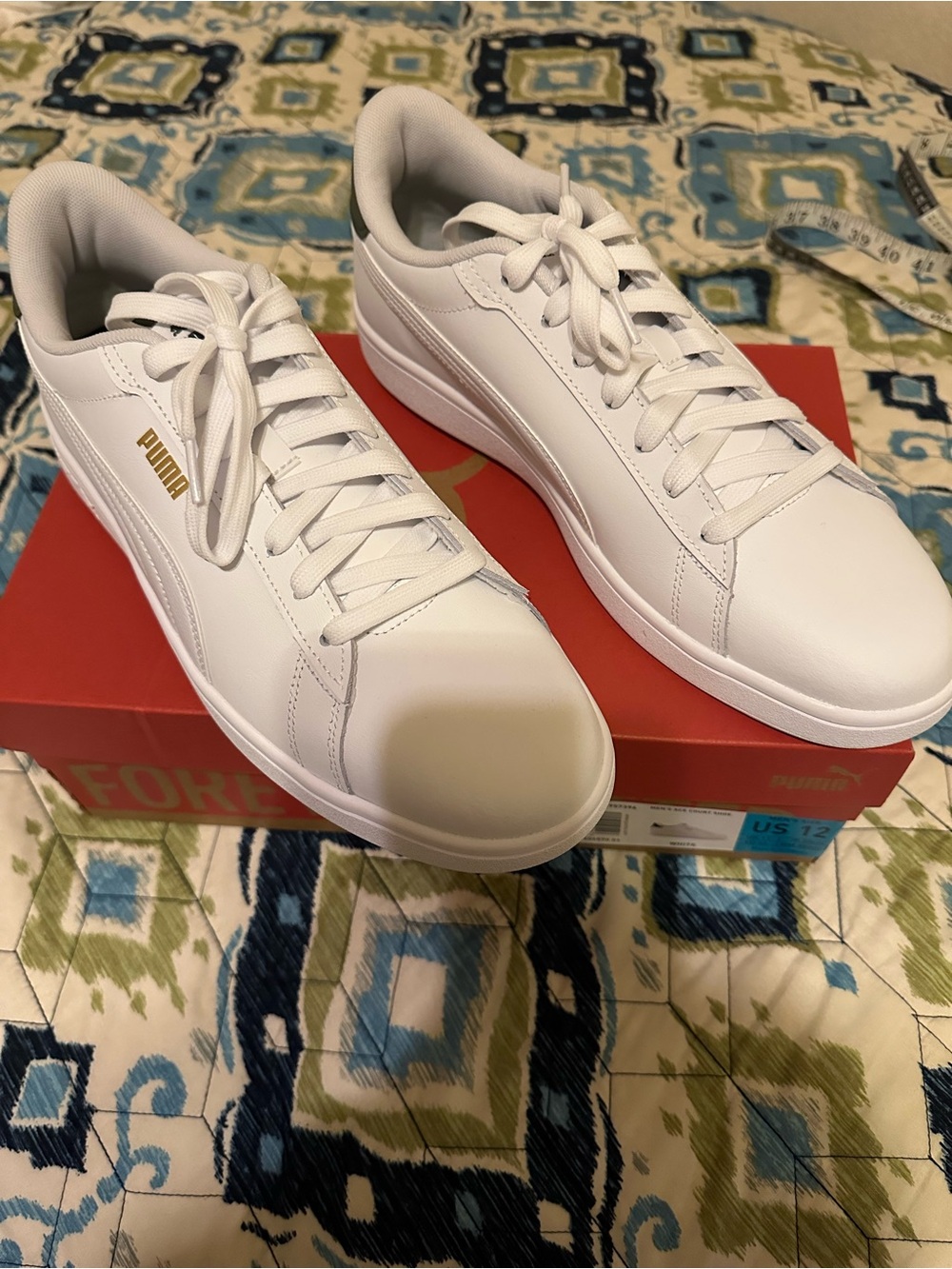 Puma Men's White Sneakers with Black Heel and Gold Logo. Size 12. New with box